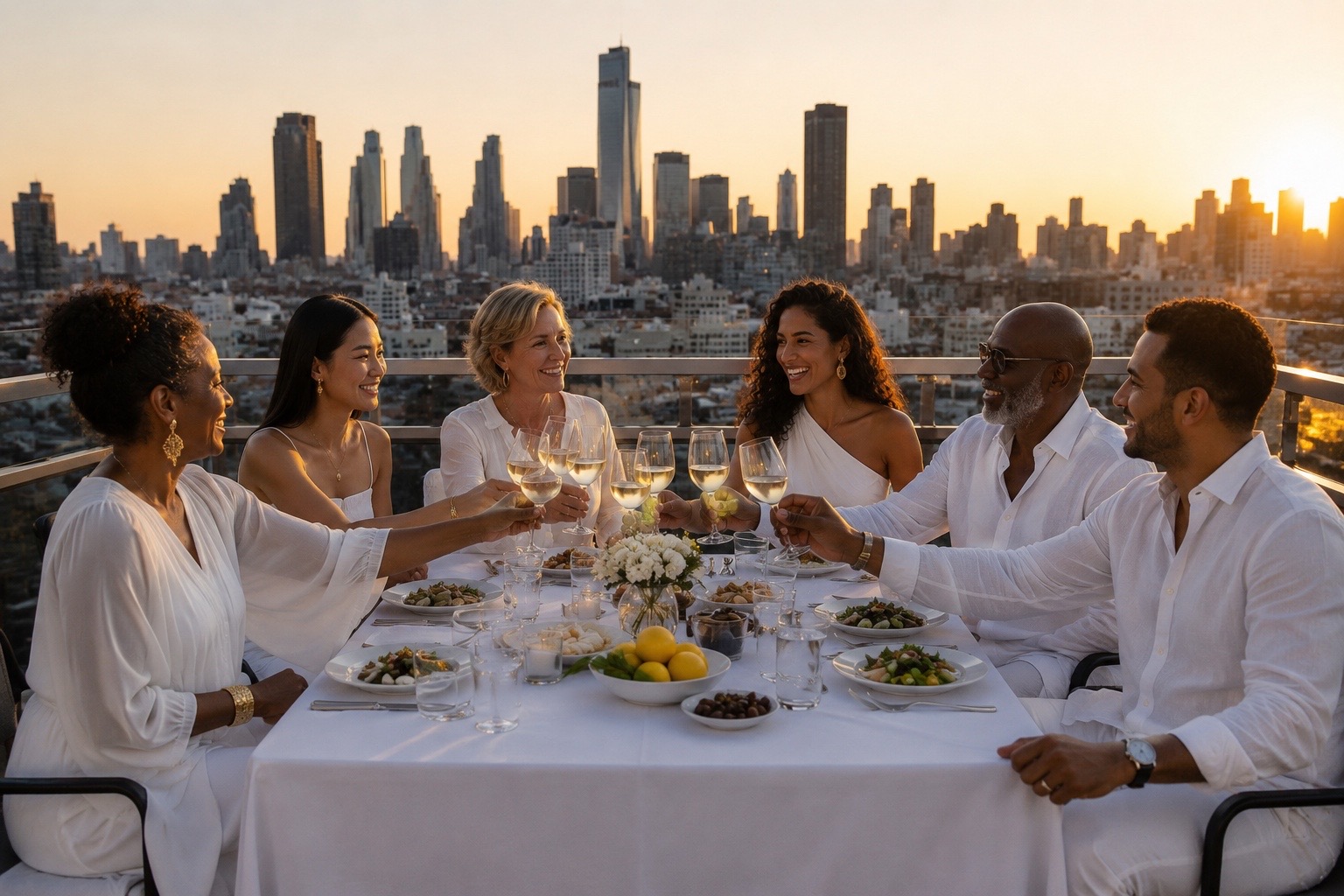 Curated group of professionals dining on a rooftop at sunset