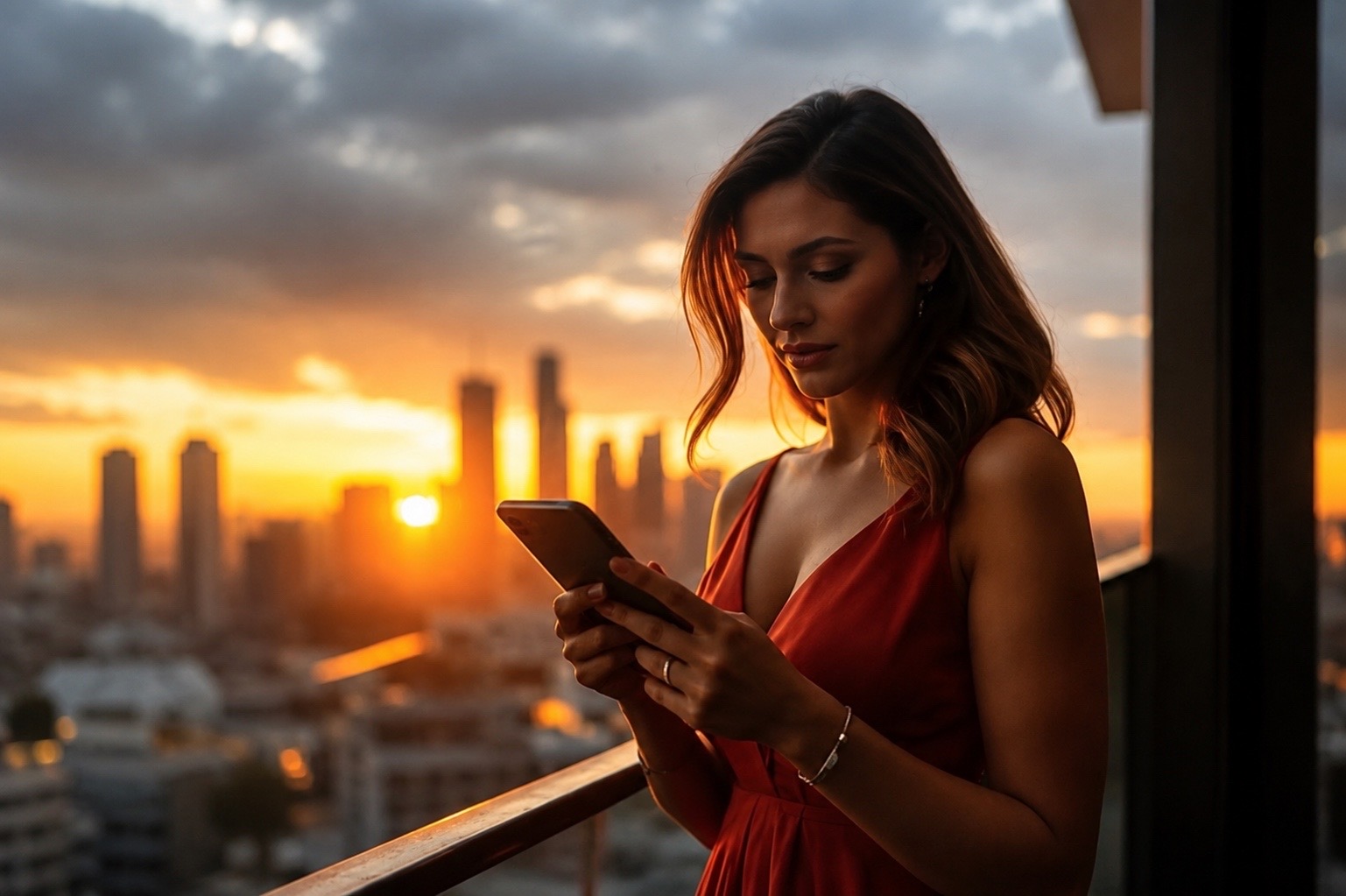 Woman on a balcony using her smartphone at sunset