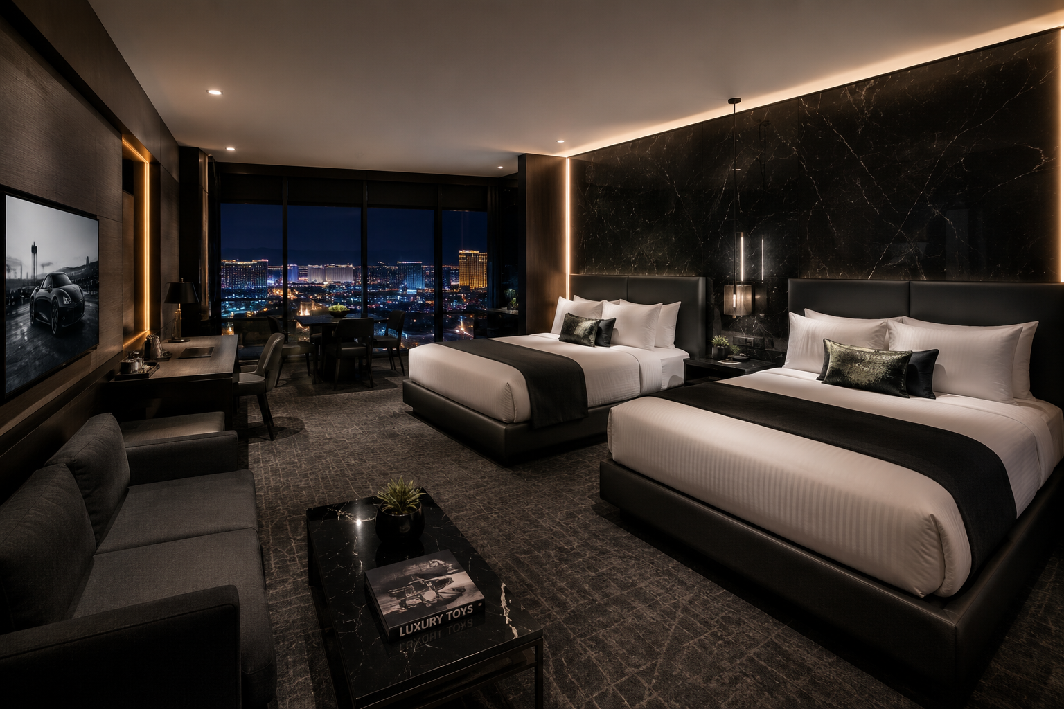 Luxury hotel suite with ocean view at sunset