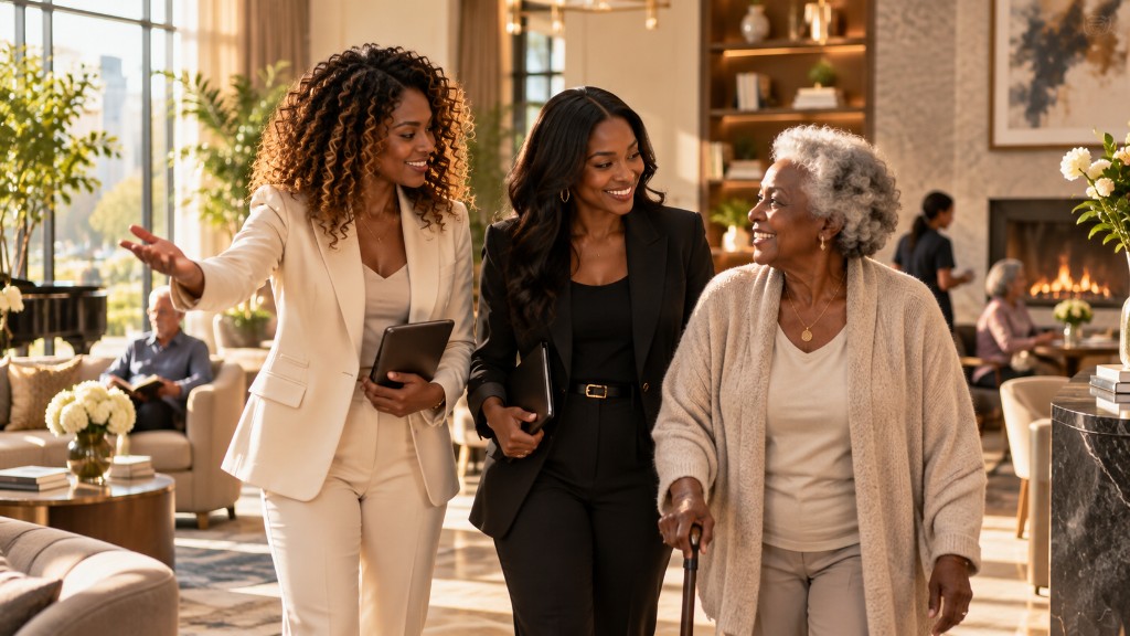 Professionals walking with a resident in a luxury assisted living lobby