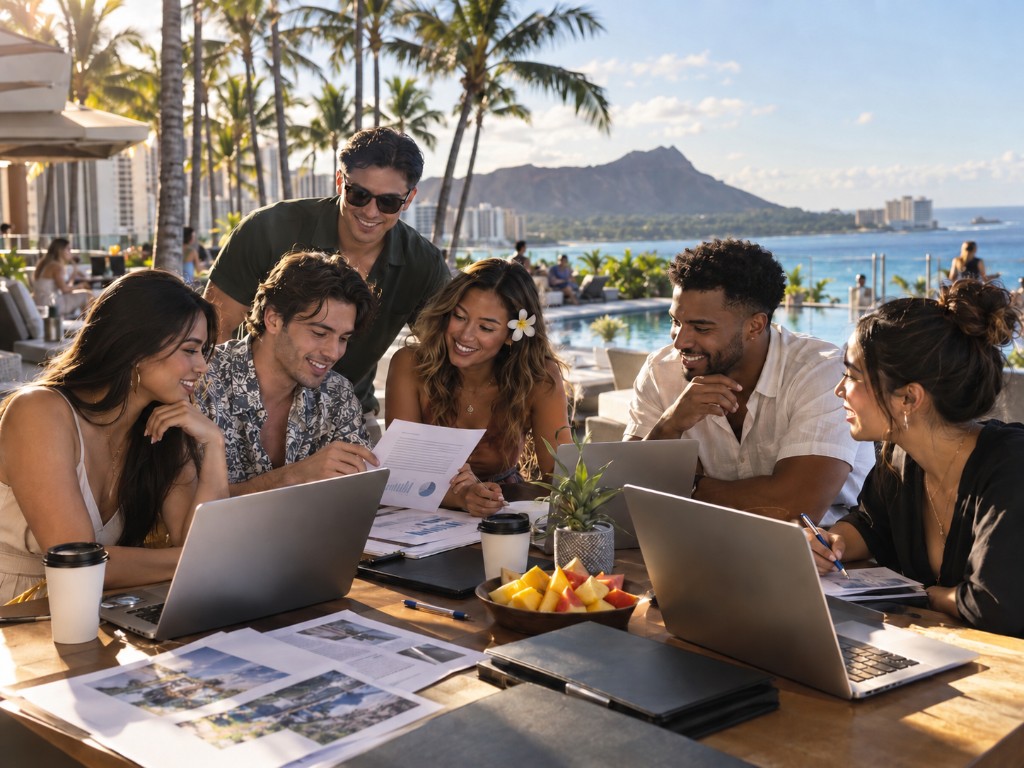 Builders collaborating outdoors overlooking Waikiki and Diamond Head