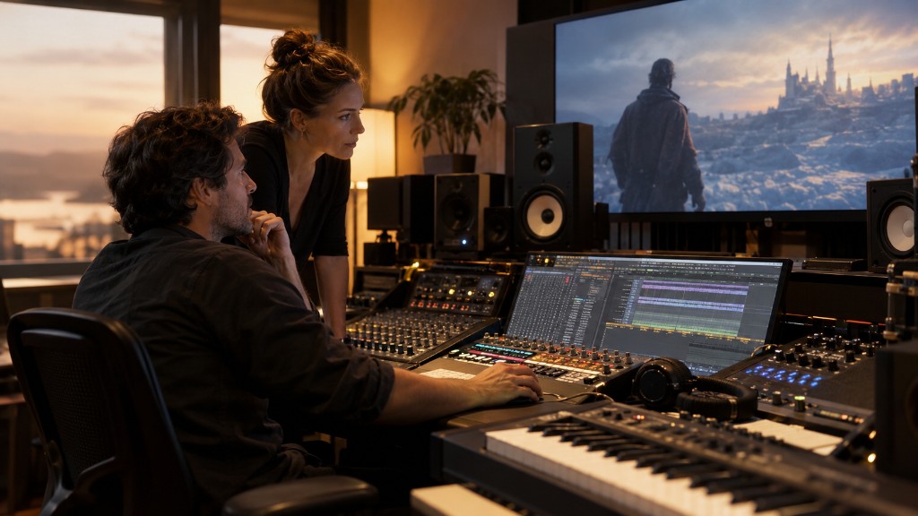 Producers scoring a film scene in a music studio