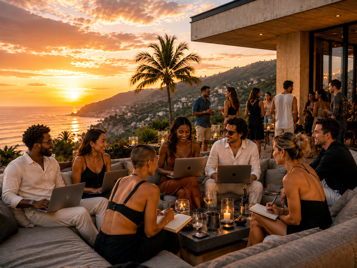 Professionals collaborating on a coastal terrace at sunset