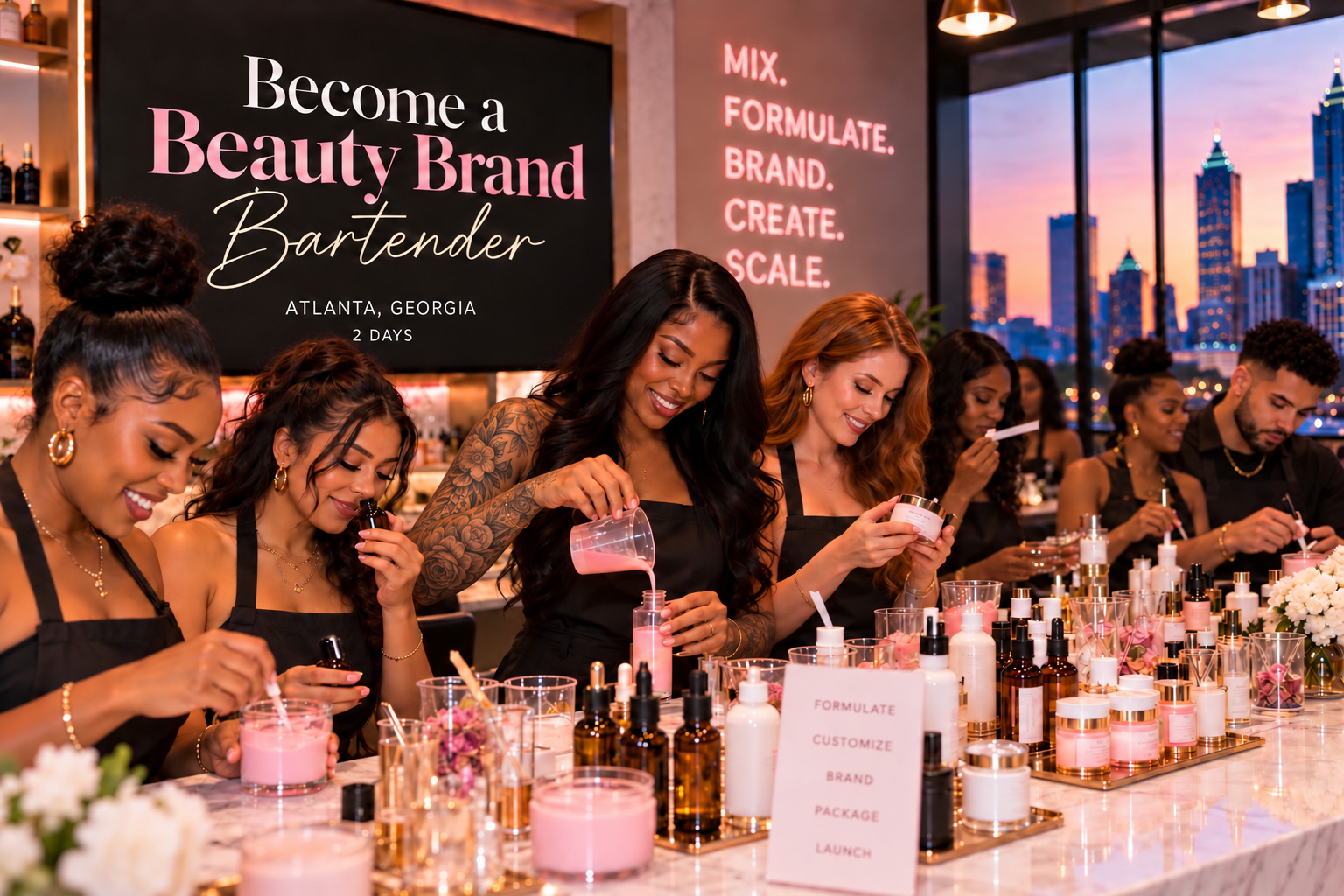 Beauty founders mixing and branding products at a polished bar workshop in Atlanta